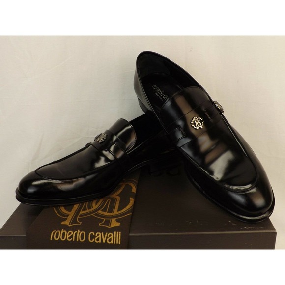 NIB ROBERTO CAVALLI BLACK LEATHER BELTED BUCKLE LOGO LOAFERS 41 US 8 ITALY main image 6